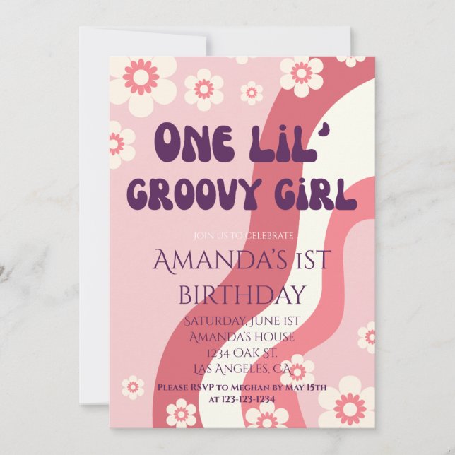 Groovy Girl 1:a Birthday Theme Rosa Retro Daisy Inbjudningar (Framsida)
