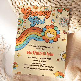Groovy Girl Retro Rainbow Baby Shower Party Inbjudningar