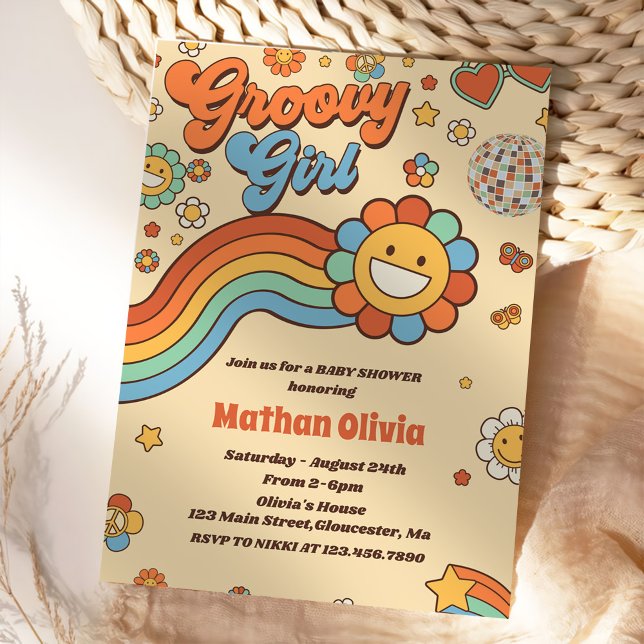 Groovy Girl Retro Rainbow Baby Shower Party Inbjudningar (Skapare uppladdad)