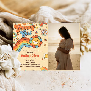 Groovy Girl Retro Rainbow Baby Shower Party Photo Inbjudningar