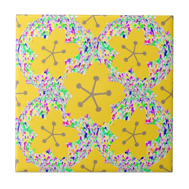 Groovy gul blomster disco design kakelplatta (Framsidan)