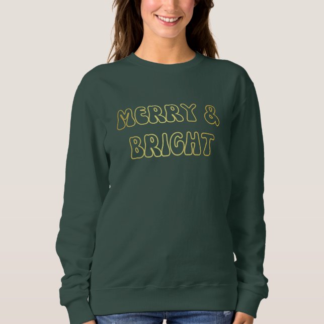 Groovy Guld Text Merry & Bright Jul Kvinnor i julk T Shirt (Framsida)