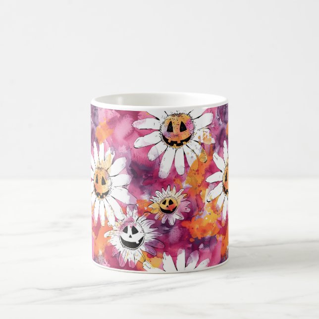 Groovy Halloween-blommor Pumpa-ansikten Kaffemugg (Center)