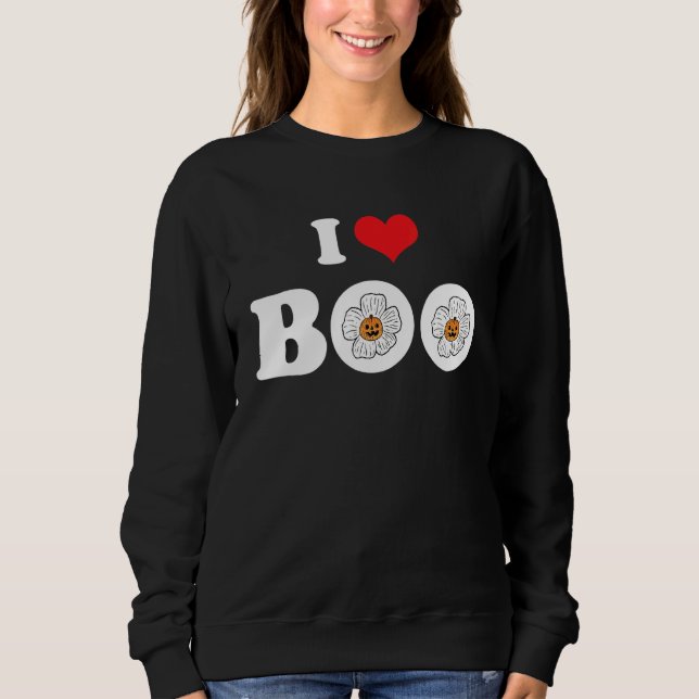 Groovy Halloween Floral Pumpkin I Love Boo Heart T Shirt (Framsida)