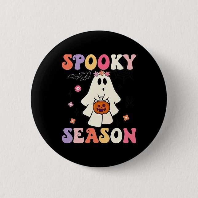 Groovy Halloween Ghost Holding Pumpkin Spooky Seas Knapp (Framsida)