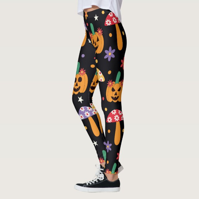 Groovy Halloween Pumpkins blommor och svampar Leggings (Vänster)