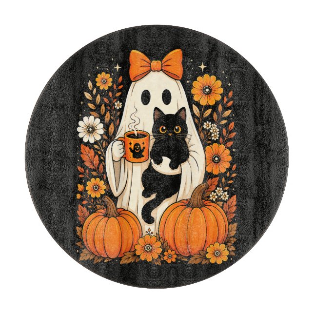 Groovy Halloween-spöke som håller svart kattblomma (Framsidan)