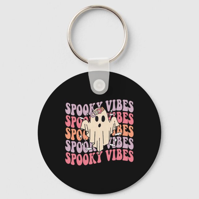 Groovy Halloween Spooky Vibes Retro Blommigt Ghost Nyckelring (Framsida)
