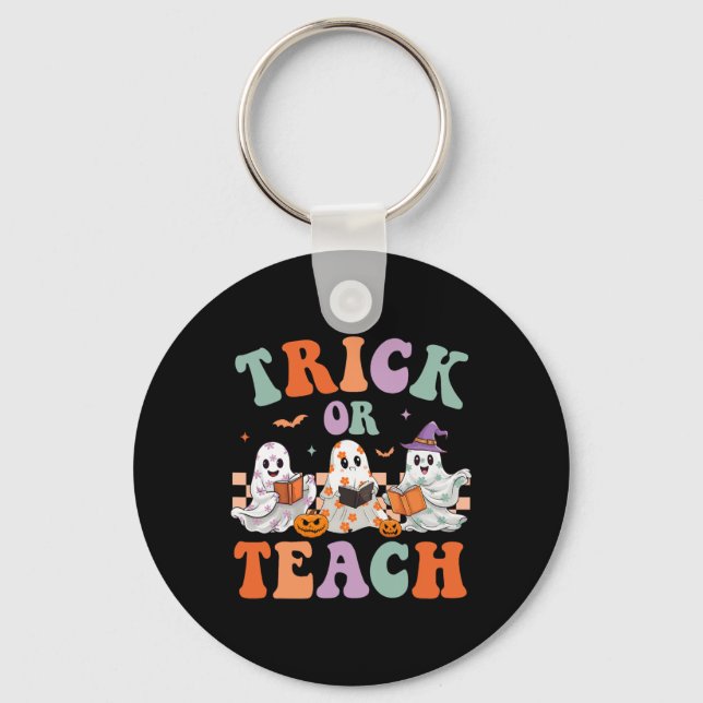 Groovy Halloween Trick eller Teach Blommigt Ghost  Nyckelring (Framsida)