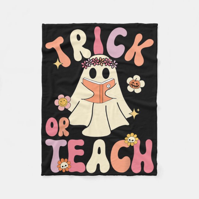 Groovy Halloween Trick eller Teach Retro Blommigt  Fleecefilt (Framsidan)