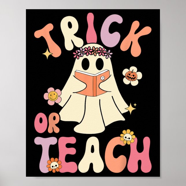 Groovy Halloween Trick eller Teach Retro Blommigt  Poster (Framsidan)