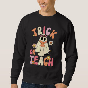 Groovy Halloween Trick Or Teach Retro Blommig Spök Lång Ärmad Tröja