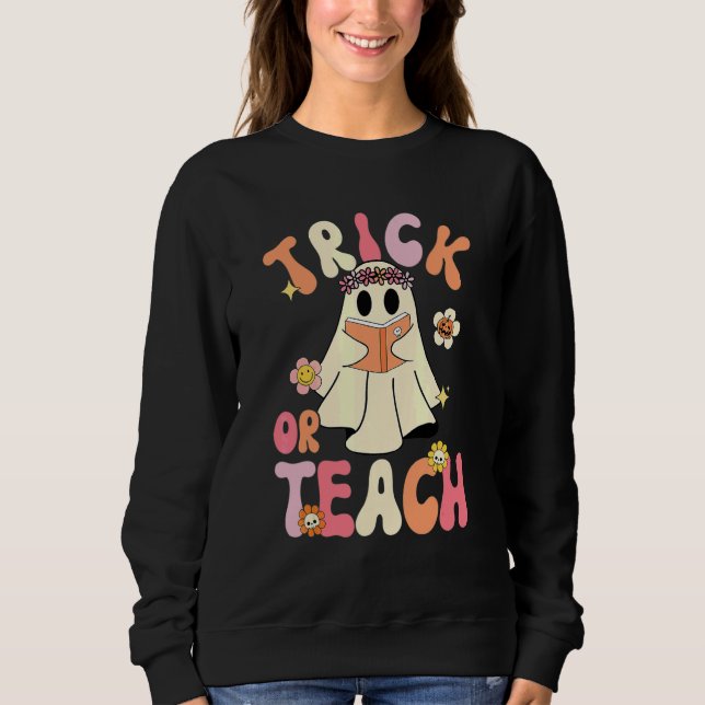 Groovy Halloween Trick Or Teach Retro Blommig Spök T Shirt (Framsida)