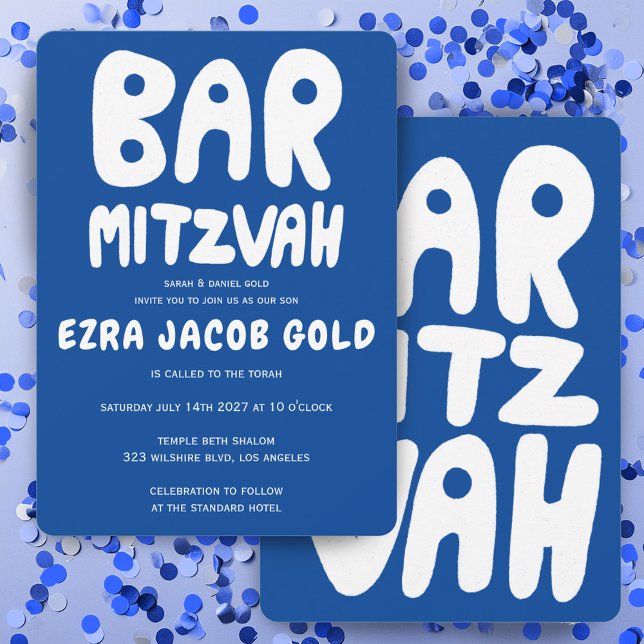 Groovy Handlettering Anpassad Bar Mitzvah Blå Vit Inbjudningar (Groovy Handlettering Custom Bar Mitzvah Blue White Invitation
)