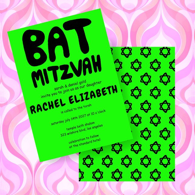 Groovy Handlettering Anpassningsbar Bat mitzvah Ne Inbjudningar (Groovy Handlettering Custom Bat Mitzvah Neon Green Brat Stars Invitation
)
