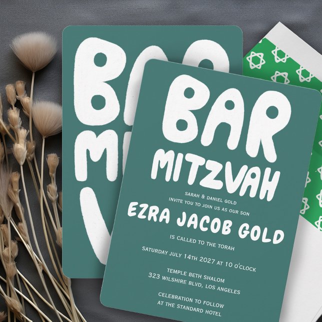 Groovy Handlettering Anpassningsbar Pub Bnai Mitzv Inbjudningar (Groovy Handlettering Custom Bar Mitzvah Teal Green Invitation Minimalist Simple)