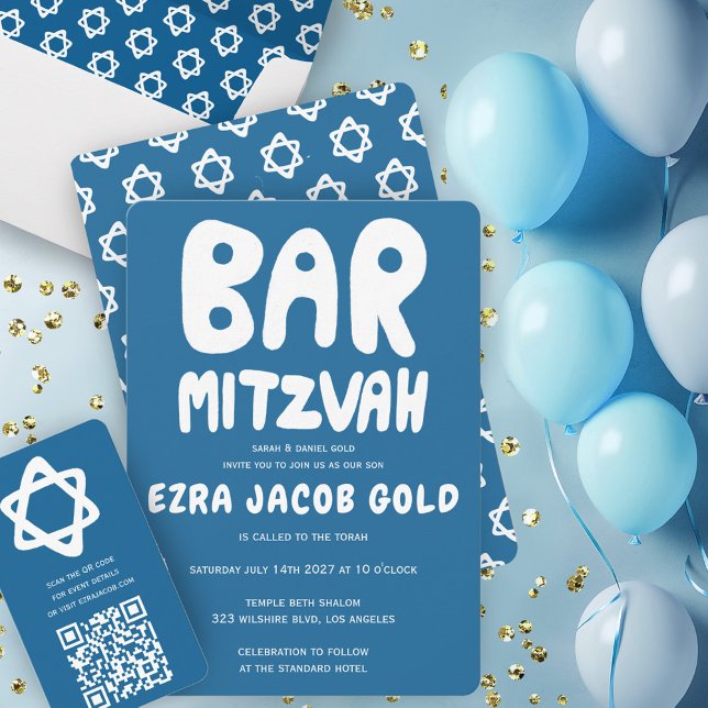 Groovy Handlettering Anpassningsbar Pub Mitzvah Bl Inbjudningar (Groovy Handlettering Custom Bar Mitzvah Blue Stars Invitation Collection)