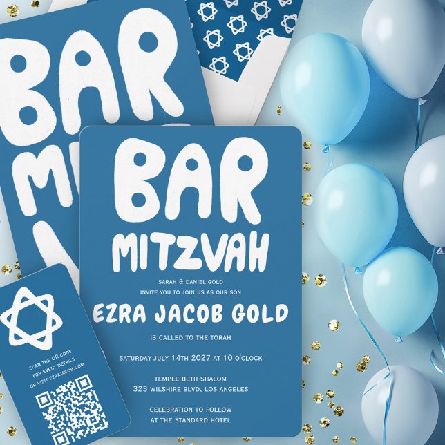 Groovy Handlettering Anpassningsbar Pub Mitzvah Bl Inbjudningar (Groovy Handlettering Custom Bar Mitzvah Blue Invitation
)