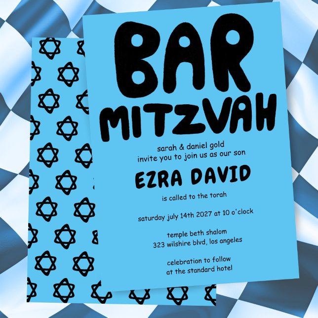 Groovy Handlettering Anpassningsbar PUB Mitzvah Bo Inbjudningar (Groovy Handlettering Custom BAR Mitzvah Bold Blue Stars Invitation
)