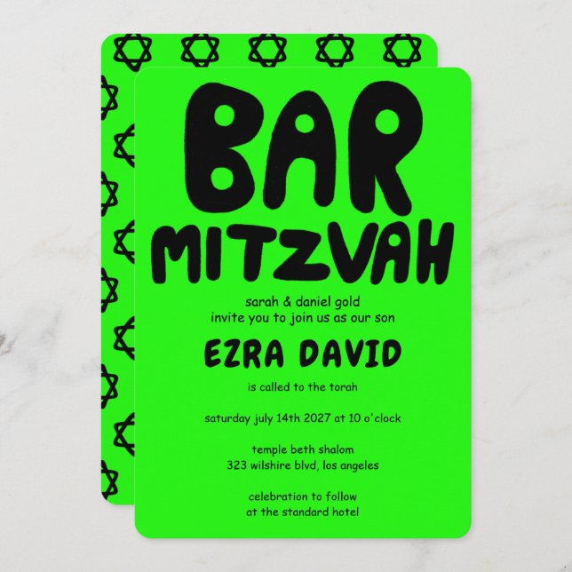 Groovy Handlettering Anpassningsbar PUB Mitzvah Ne Inbjudningar (Fram/baksida)