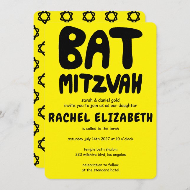 Groovy Handlettering av Anpassningsbar Bat mitzvah Inbjudningar (Fram/baksida)