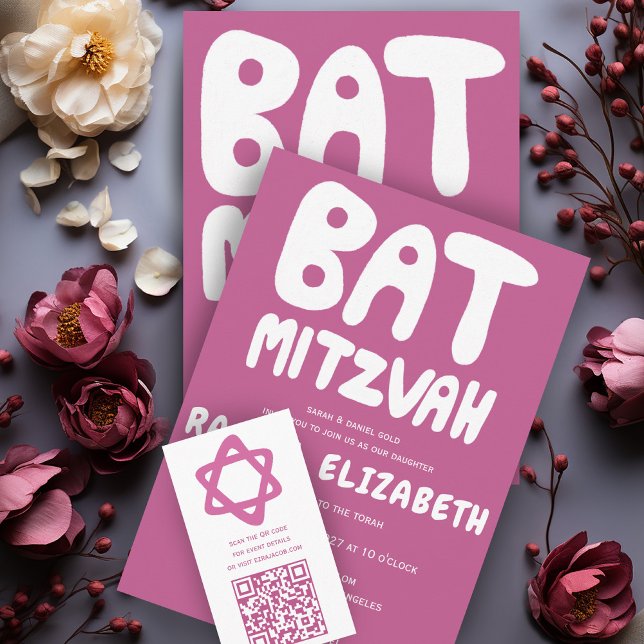 Groovy Handlettering av Anpassningsbar Bat mitzvah Inbjudningar (Groovy Handlettering Custom Bat Mitzvah Pink Invitation
Collection)