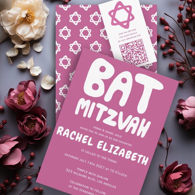 Groovy Handlettering av Anpassningsbar Bat mitzvah Inbjudningar (Groovy Handlettering Custom Bat Mitzvah Pink Stars Invitation
)