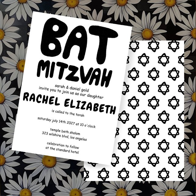 Groovy Handlettering av Anpassningsbar Bat mitzvah Inbjudningar (Groovy Handlettering Custom Bat Mitzvah Bold Black and White Stars Invitation
)