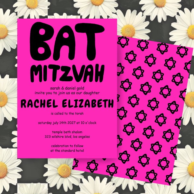 Groovy Handlettering av Anpassningsbar Bat mitzvah Inbjudningar (Groovy Handlettering Custom Bat Mitzvah Hot Pink Stars Bold Invitation
)