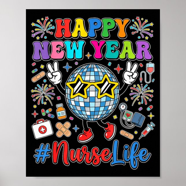 Groovy Happy New Year 2026 Nurse Life Disco Ball F Poster (Framsidan)