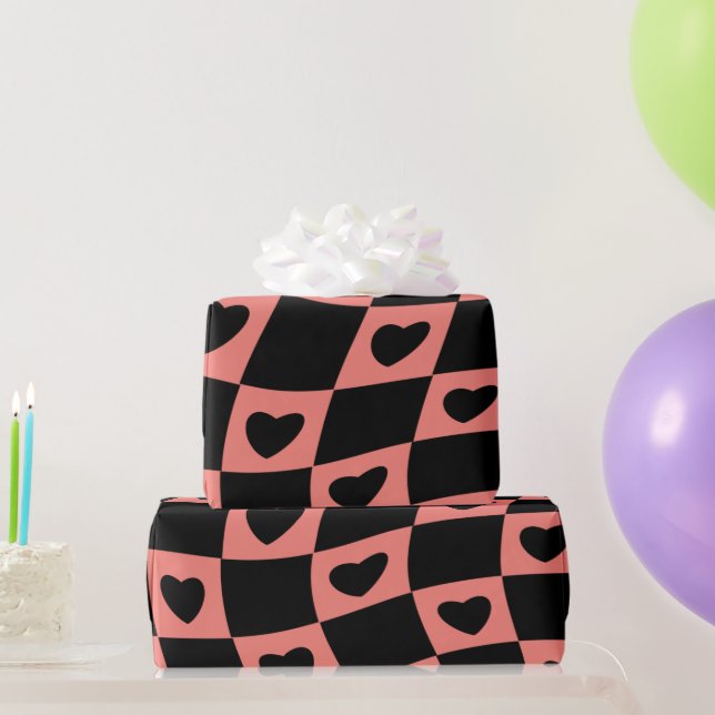 Groovy Heart Shape Checkerboard, Y2K 90s Wrappin Presentpapper (Festgåvor)