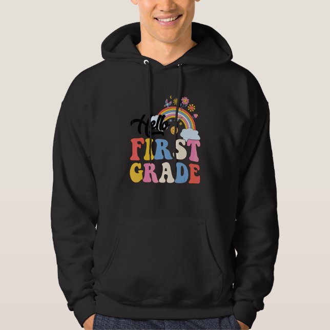 Groovy Hej Första Klass Regnbåge Lärare Student  Hoodie (Framsida)
