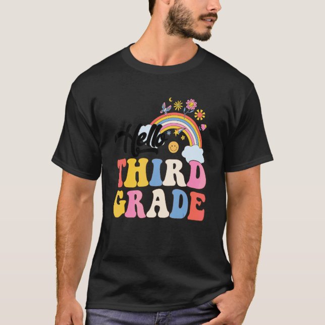Groovy Hej Tredje Klass Regnbåge Lärare Student  T Shirt (Framsida)
