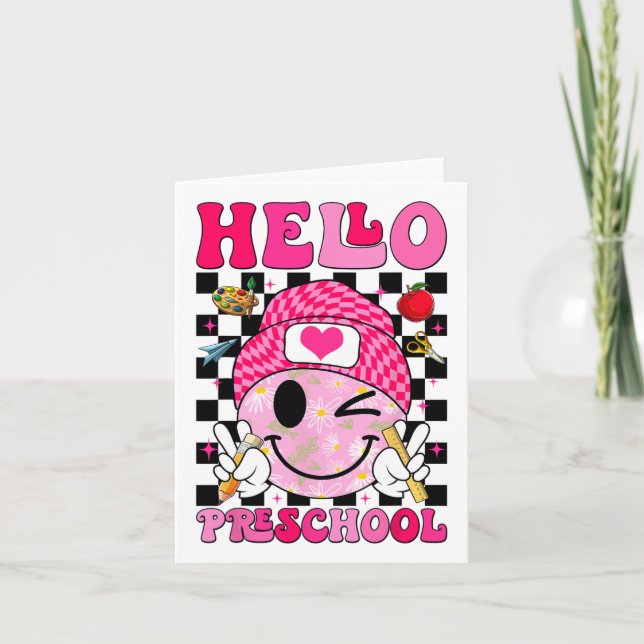 Groovy Hello Förskola Pre-k Elever Första Skoldage Kort (Framsida)