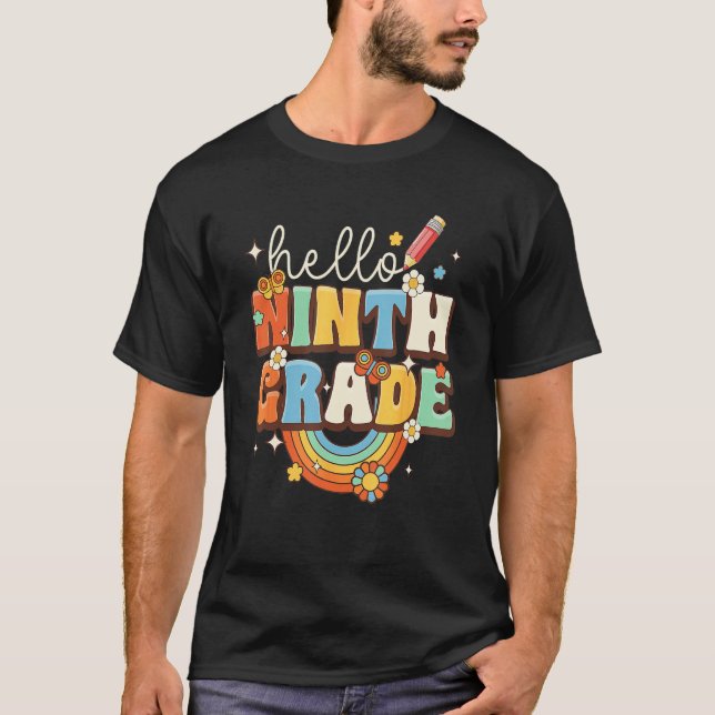 Groovy Hello Ninth Grade Vibes Retro Teacher Back  T Shirt (Framsida)