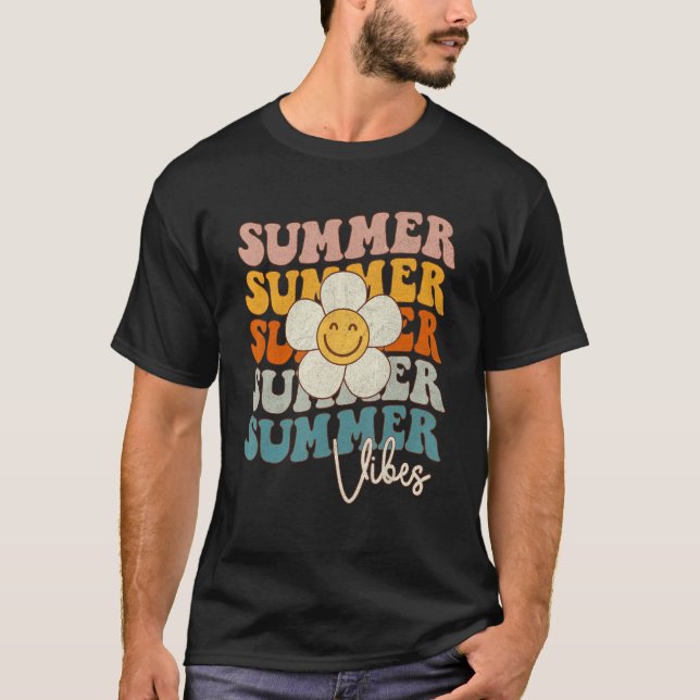 Groovy Hello Summer Vibes Retro Daisy Summer Beach T Shirt (Framsida)