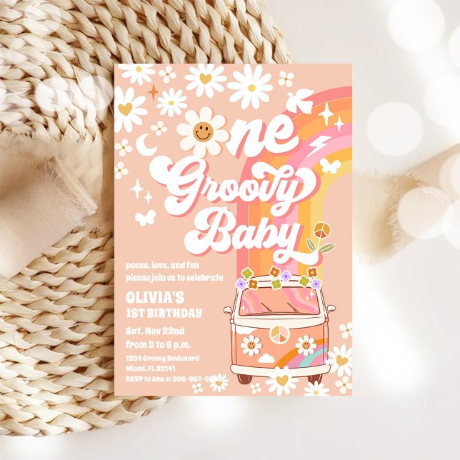 Groovy Hippie 1st Birthday Invitation Inbjudningar (Skapare uppladdad)