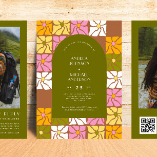 Groovy Hippie Blommigt Boho Arch QR Code Bröllop Inbjudningar