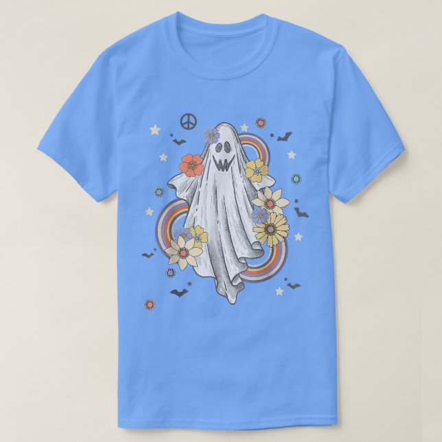 Groovy Hippie Dekorations Blommigt Ghost Halloween T Shirt (Design framsida)
