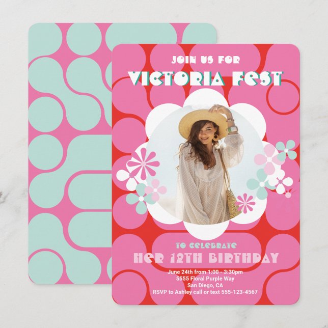 Groovy Hippie Flower Power Photo Birthday festival Inbjudningar (Fram/baksida)