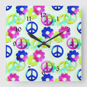 Groovy Hippie-Fredstecken Flower Power Aqua Fyrkantig Klocka