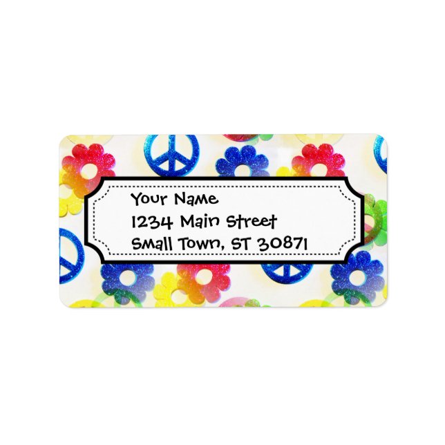 Groovy Hippie Fredstecken-Gnistran Flower Power Adressetikett (Framsidan)