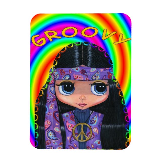 Groovy Hippie Girl Doll Fredstecken Cute Big Ögon Magnet (Vertikal)