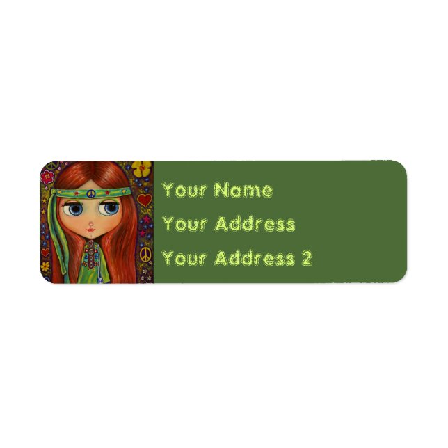 Groovy Hippie Girl in Grönt Fredstecken Cute Returadress Etikett (Framsidan)