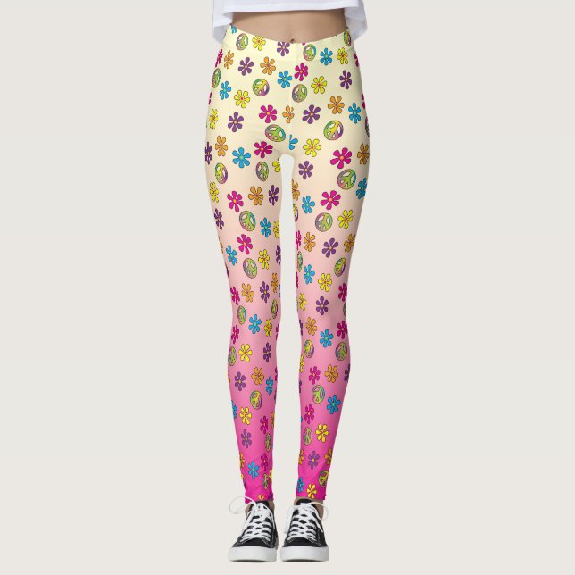 Groovy Hippie Peace and Flower Shower rosa bleknar Leggings (Framsida)