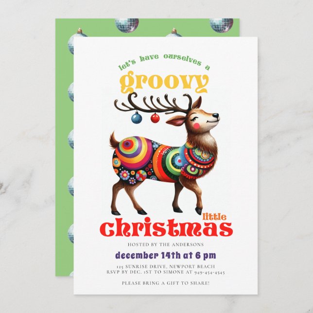 Groovy Hippie Reindeer Disco Funny jul Party Inbjudningar (Fram/baksida)