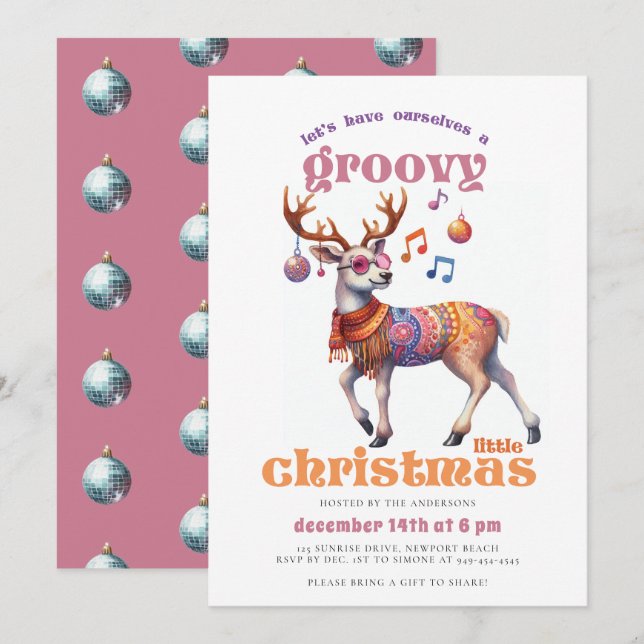 Groovy Hippie Reindeer Funny Disco jul Party Inbjudningar (Fram/baksida)