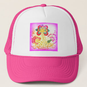 Groovy hippie-stil handflatan träd rosa hat truckerkeps