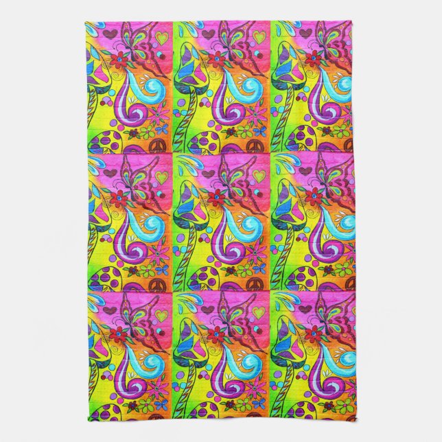Groovy hippie-stil-mushroom butterflies towel kökshandduk (Vertikal)