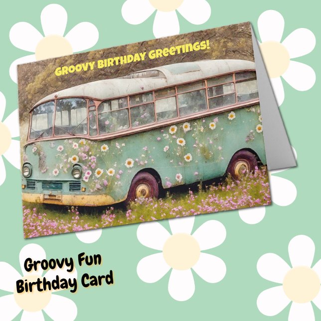 Groovy Hippie Van Buss Roligt Birthday Card Kort (Fun Groovy Hippie Style Birthday Card.)